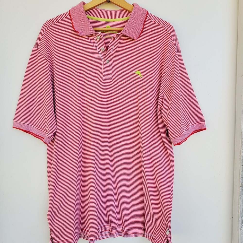 Tommy Bahama Logo Active Polo Shirt Mens Size Large Striped Havana Red